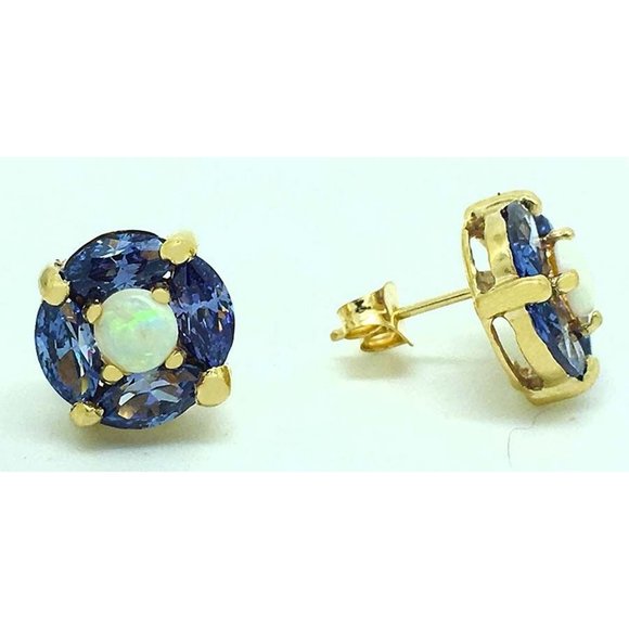 Lab 2.18 Carats Tanzanite & Opal 14k Yellow Gold Earrings